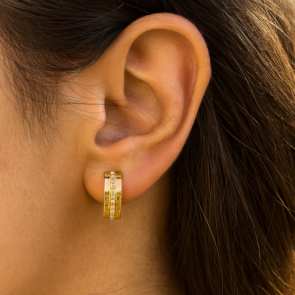 Wide Zircon Row Huggie Hoop Earrings Gold Plated 24K