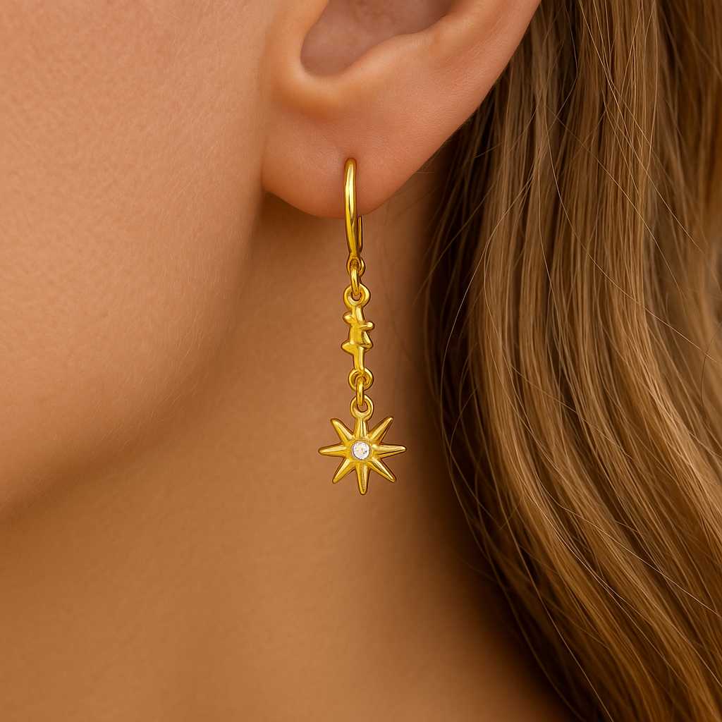 North Star Zircon Dangle Earrings Gold Plated 24K