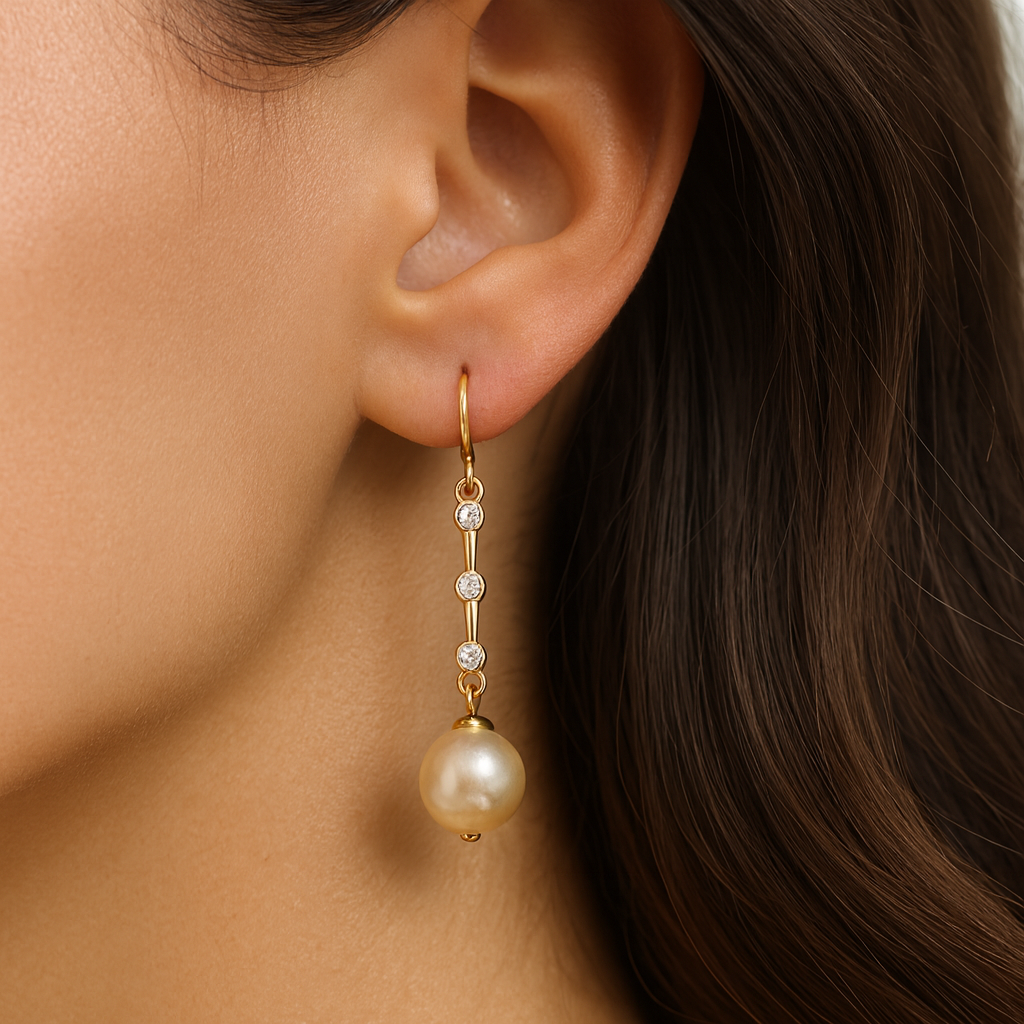 Triple Bezel Bar & Pearl Drop Earrings Gold Plated 24K