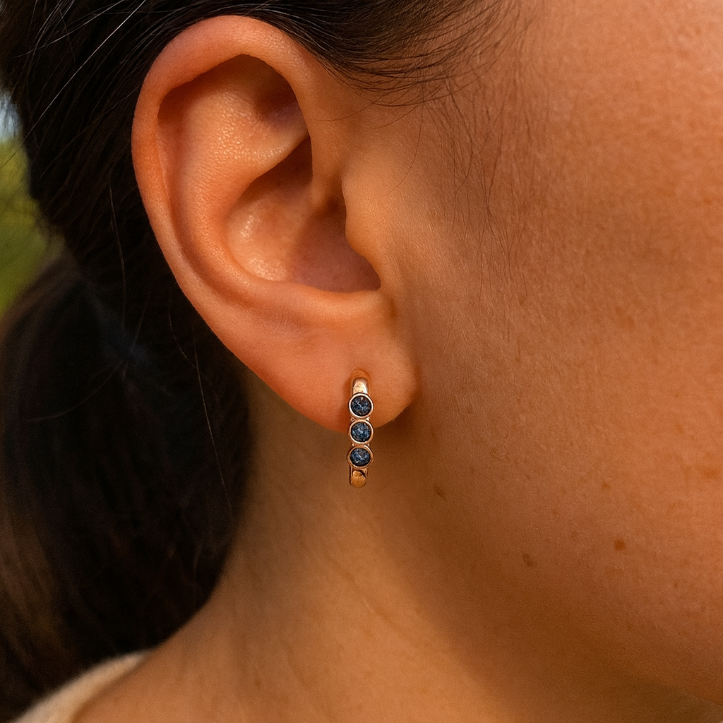 Triple Blue Zircon Huggie Hoop Earrings Gold Plated 24K
