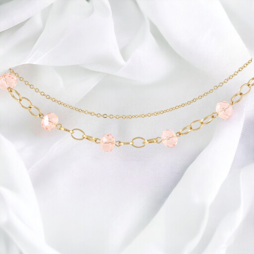 Elegante pulsera de mujer con dos piedras rosas bañada en oro auténtico de 24 quilates, hecha a mano