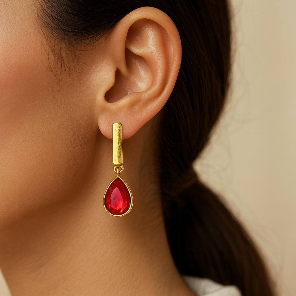 Red Zircon Bar Drop Earrings Gold Plated 24K