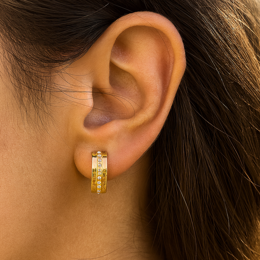 Wide Zircon Row Huggie Hoop Earrings Gold Plated 24K
