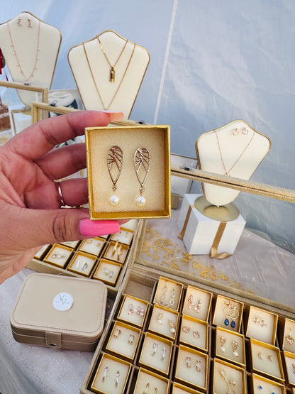 leave Pearls drop Earrings Gold plated  24K