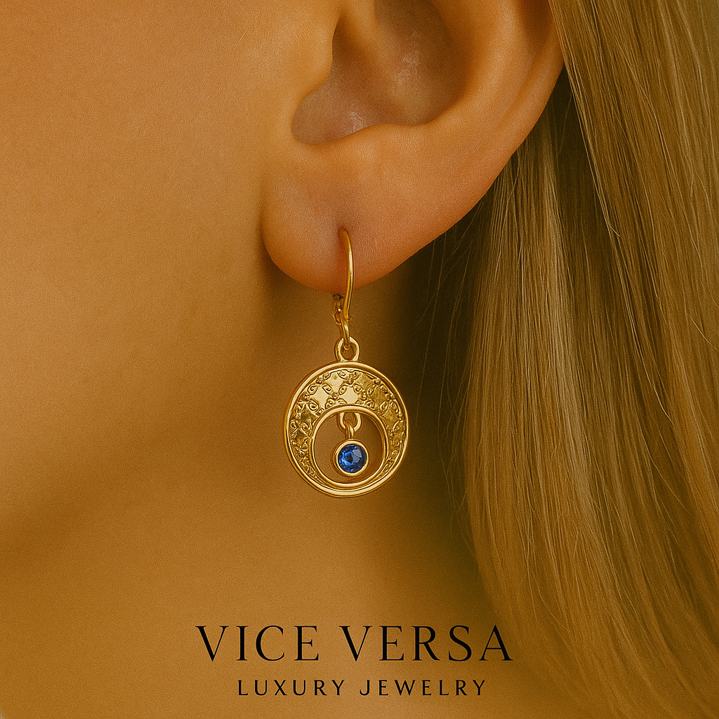 Engraved Disc & Blue Zircon Drop Earrings Gold Plated 24K