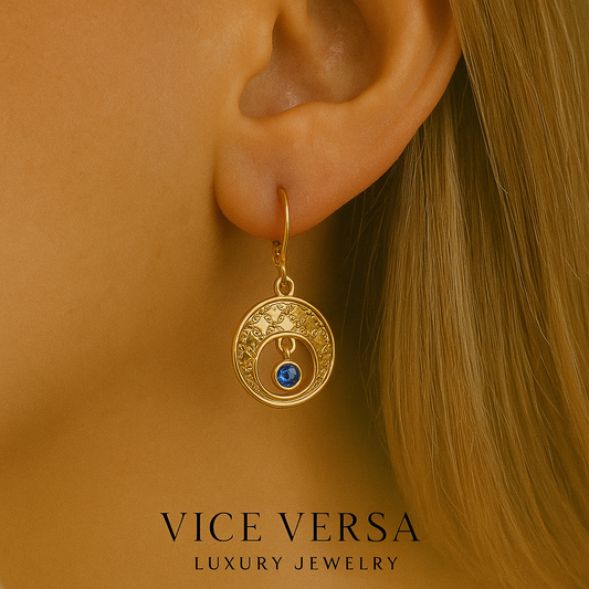 Engraved Disc & Blue Zircon Drop Earrings Gold Plated 24K