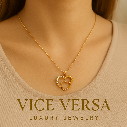 Double Nested Heart Pendant Necklace Gold Plated 24K