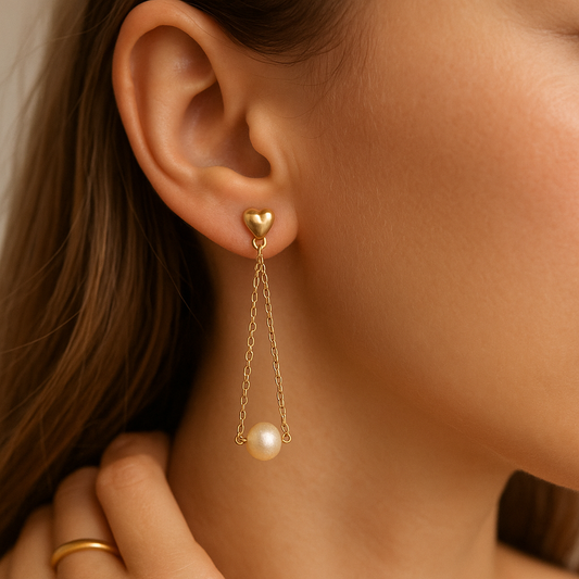 Heart Stud with Double Chain & Pearl Drop Earrings Gold Plated 24K