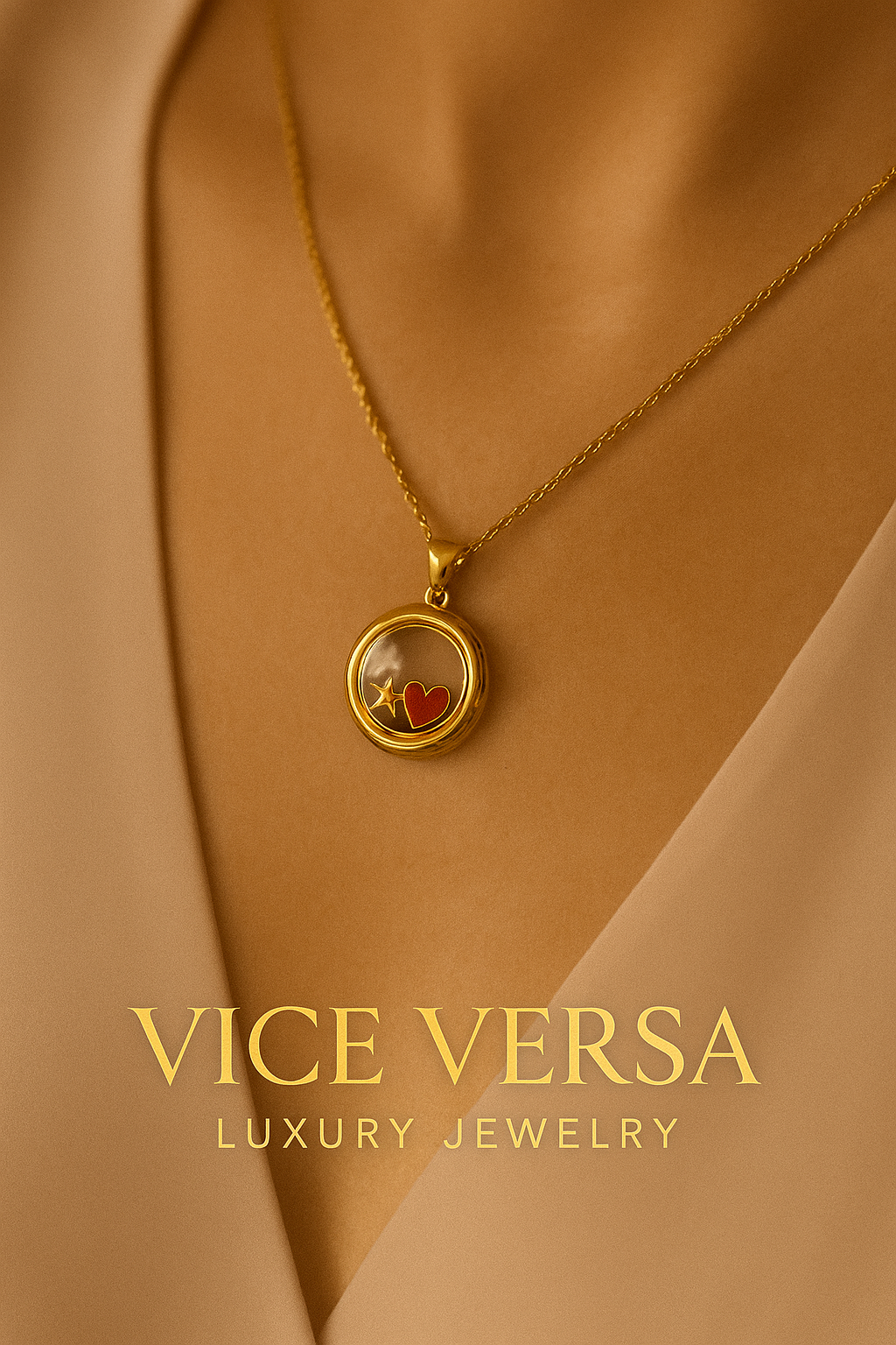 Floating Heart & Star Locket Pendant Necklace Gold Plated 24K