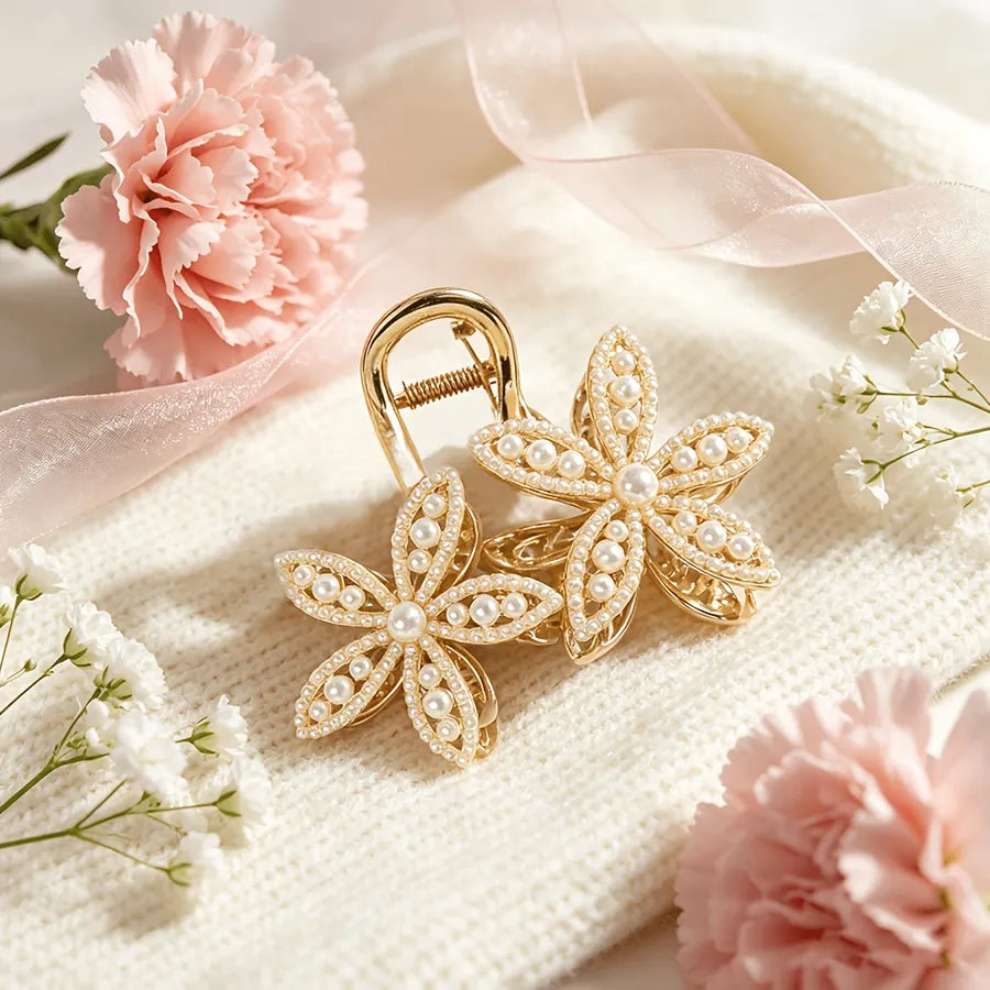 Pearl Flower Side Clip - Gold - Gold