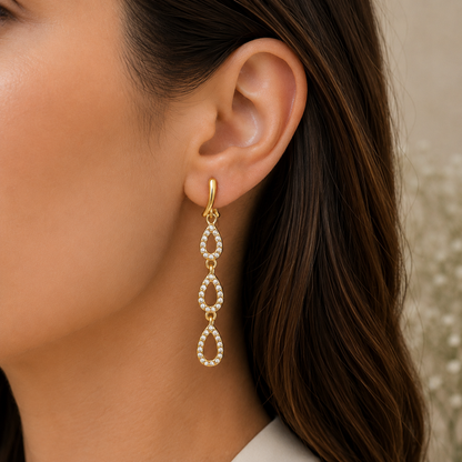 Three Layers drops with Zircons Earrings Gold Plated 24K Dangle Earrings