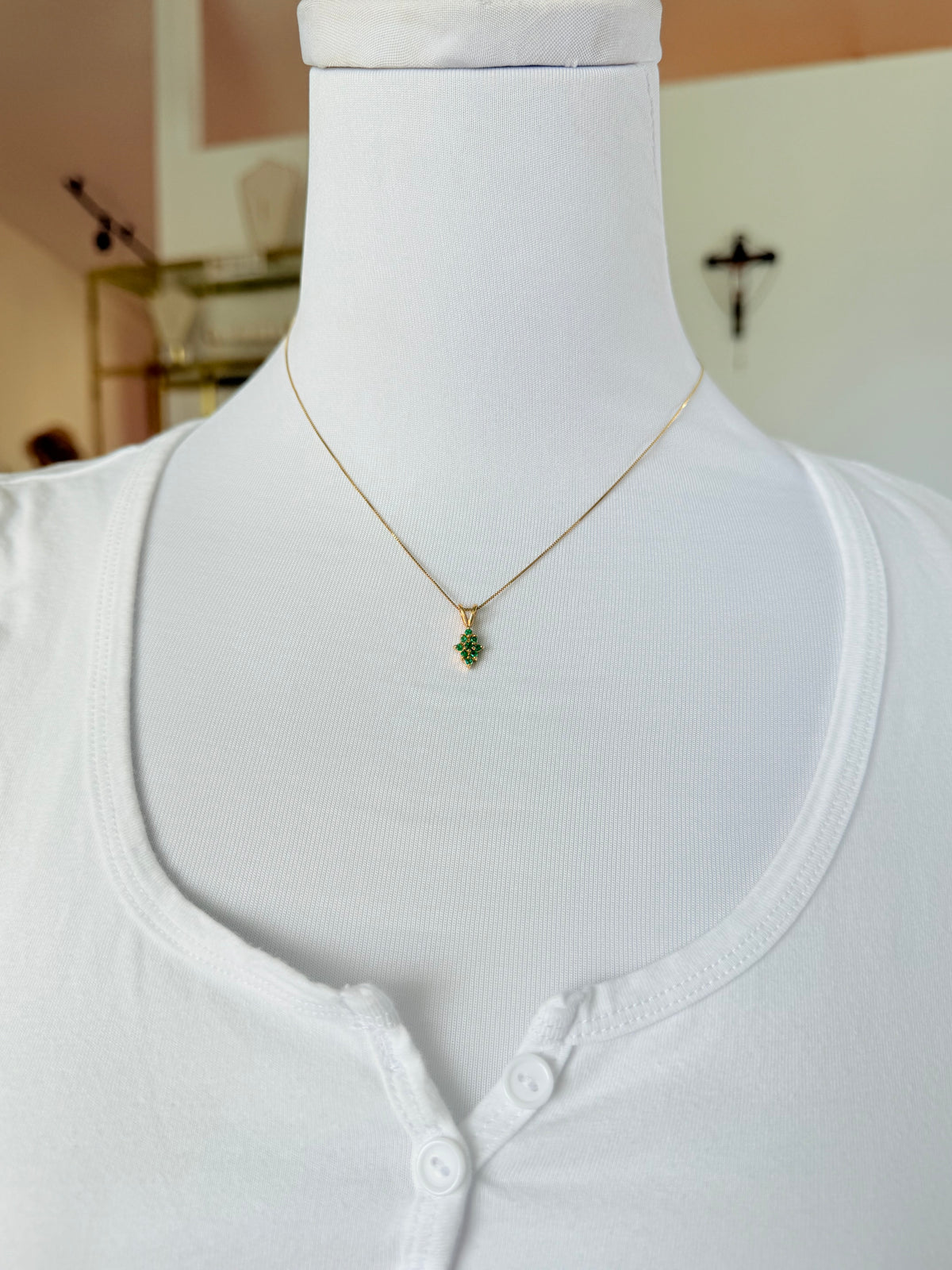 Cluster Colombian Emerald & Diamond Pendant Necklace Solid Gold 18K Italian