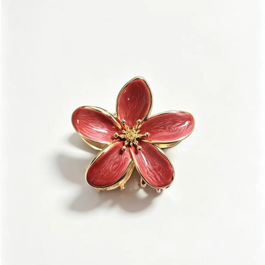 Enamel Vintage Flower Hair Claw - Red - Red Gilded