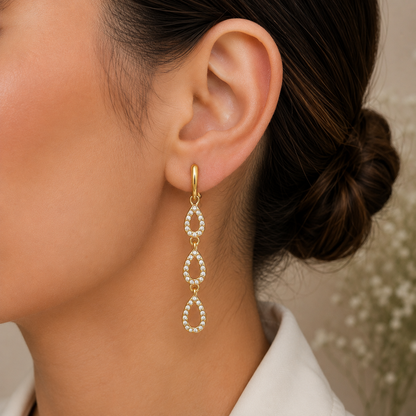 Three Layers drops with Zircons Earrings Gold Plated 24K Dangle Earrings