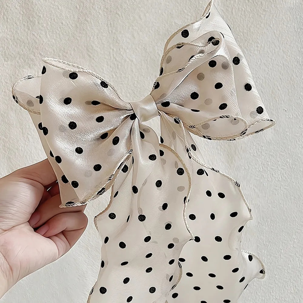 Mesh Bow Spring Clip - Beige Polka Dot - Beige Polka Dot