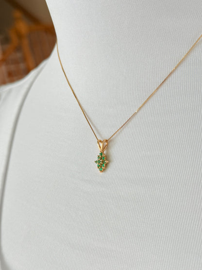 Cluster Colombian Emerald & Diamond Pendant Necklace Solid Gold 18K Italian