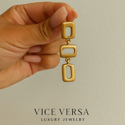 Triple Open Square Link Drop Earrings Gold Plated 24K
