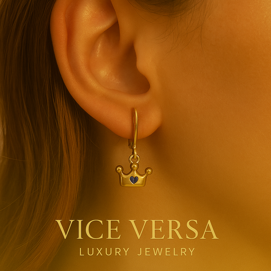 Crown Charm Dangle Earrings Gold Plated 24K