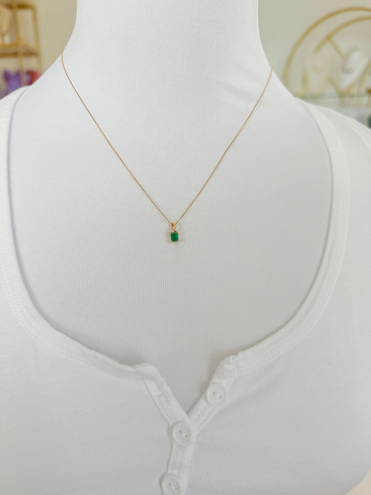 Square Colombian Emerald & Diamond Pendant Necklace Solid Gold 18K Italian