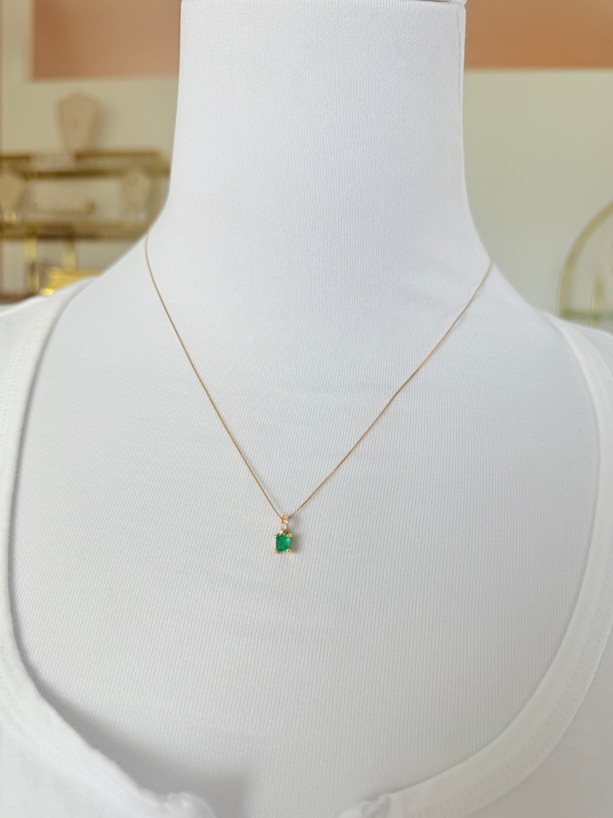 Square Colombian Emerald & Diamond Pendant Necklace Solid Gold 18K Italian