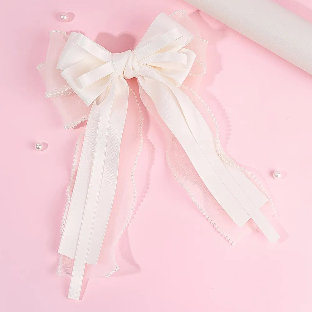 Beaded Bow Hair Clip - Apricot - Apricot
