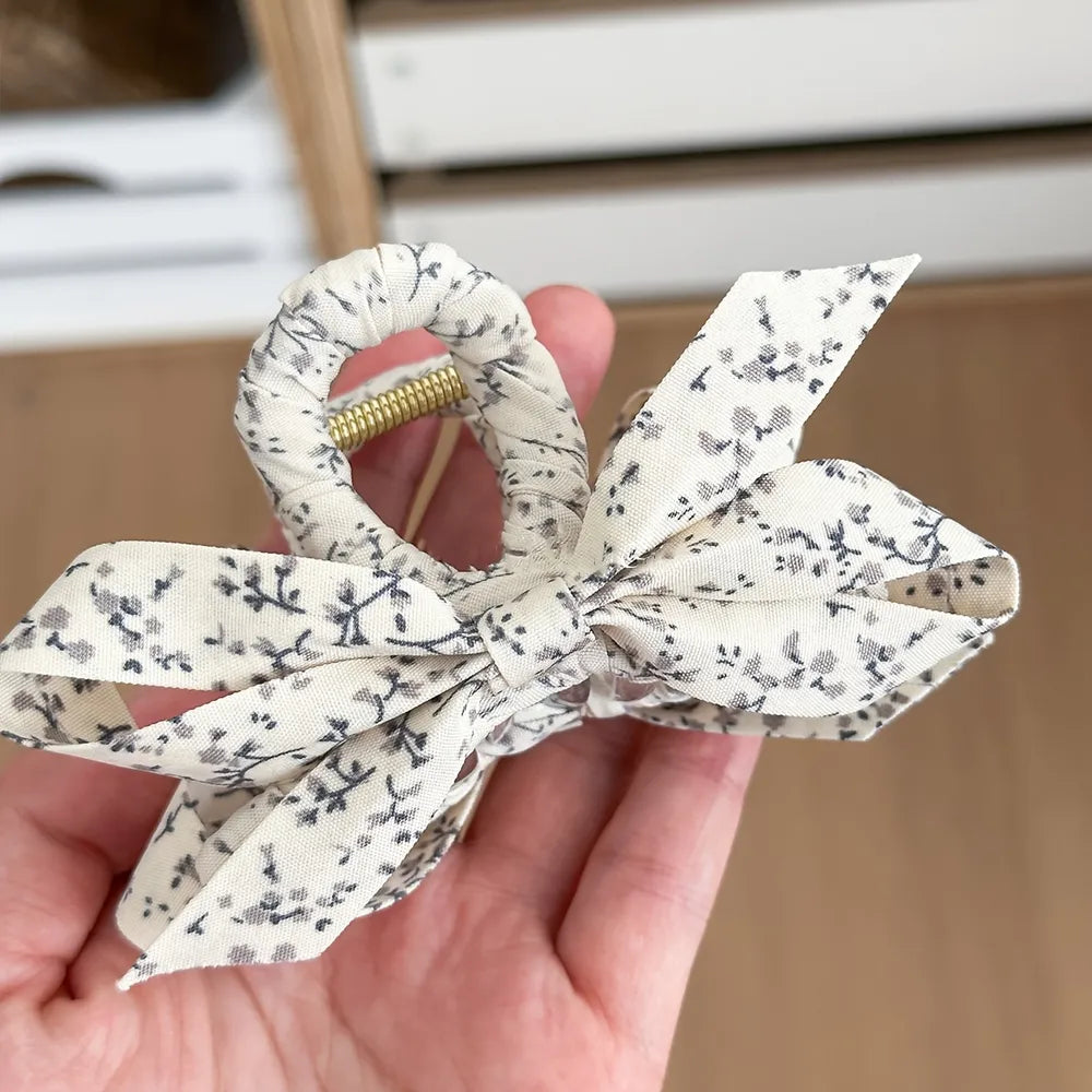 Boho Floral Bow Claw Clip - Beige