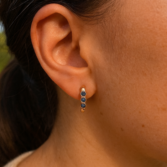 Triple Blue Zircon Huggie Hoop Earrings Gold Plated 24K