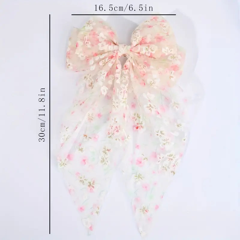 Floral Tulle Bow Hair Clip - Large