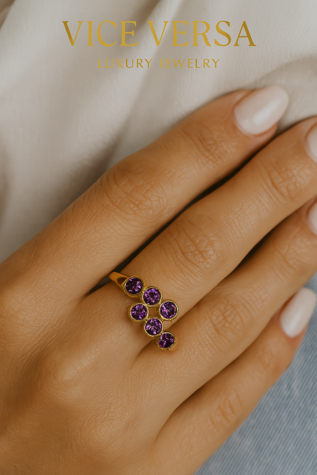 Purple Zircon Cocktail Ring Gold Plated 24K