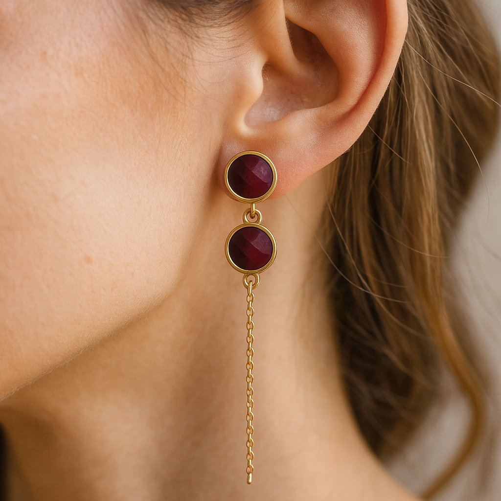Double Burgundy Stone & Chain Tassel Drop Earrings Gold Plated 24K