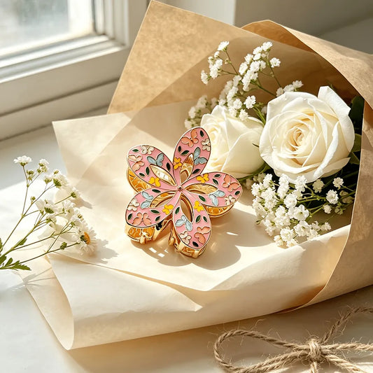 French Enamel Floral Claw Clip - Pink - Pink