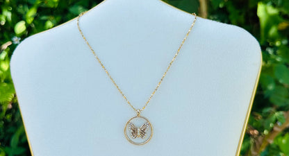 Butterfly in Circle Pendant Necklace Gold Plated 24K