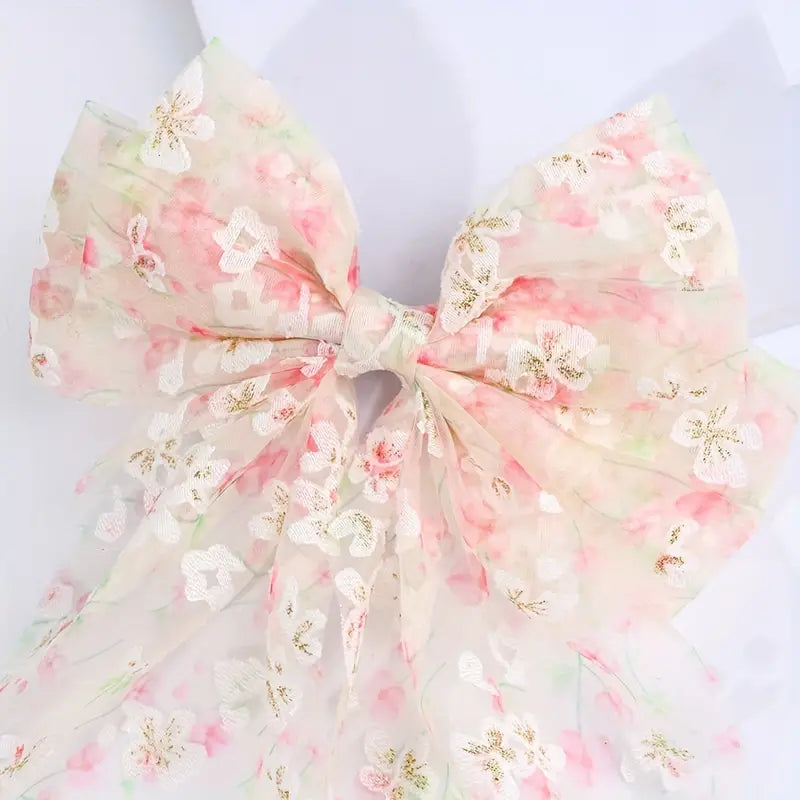 Floral Tulle Bow Hair Clip - Large