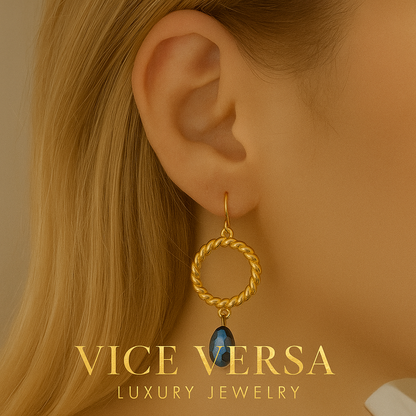 Blue Circle Dangle Earrings Gold plated  24K