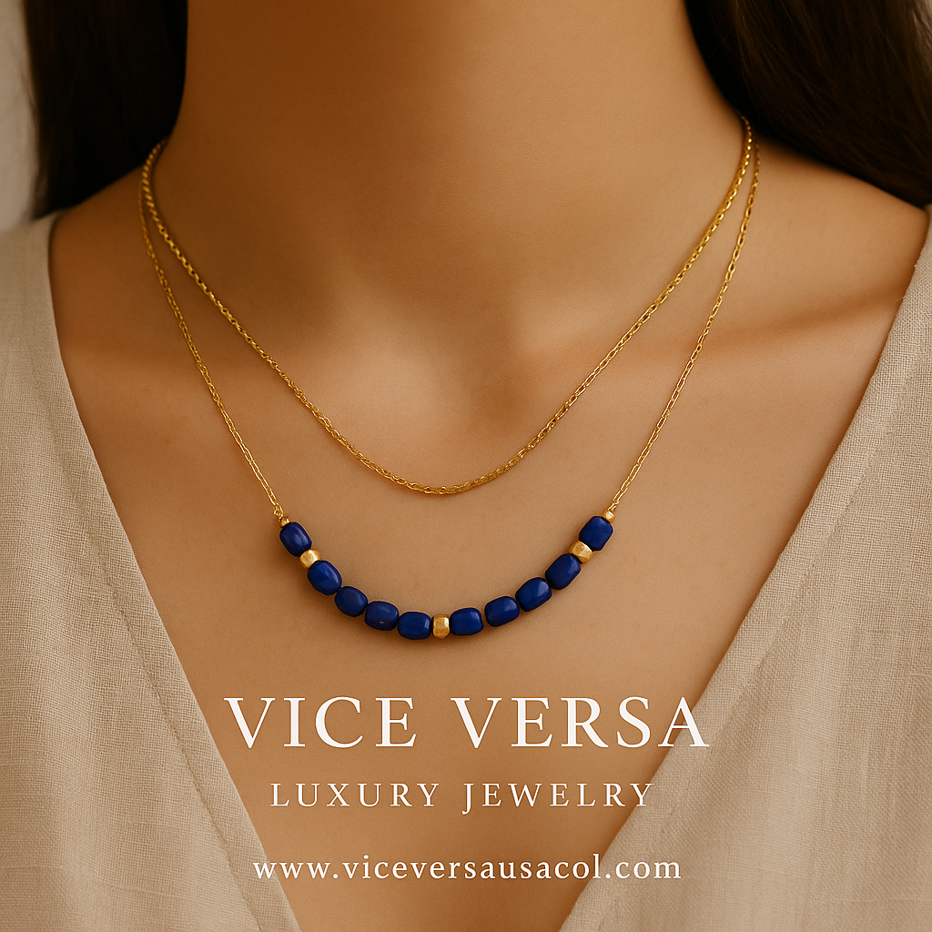 Blue Stone Pendant Necklace Gold Plated 24K