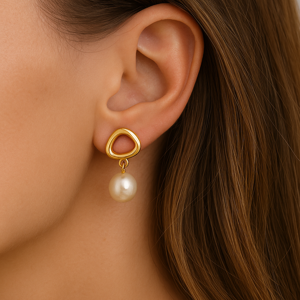 Organic Frame Pearl Drop Earrings Gold Plated 24K