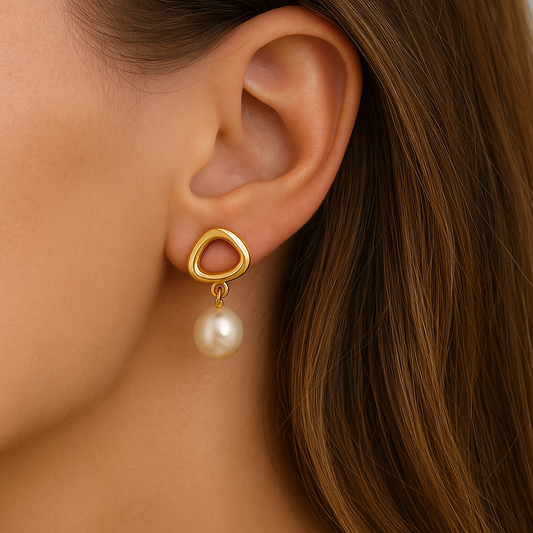Organic Frame Pearl Drop Earrings Gold Plated 24K