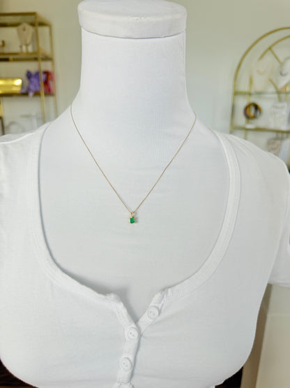 Square Colombian Emerald & Diamond Pendant Necklace Solid Gold 18K Italian