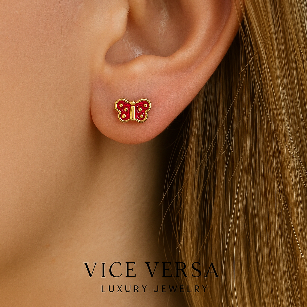 Red Enamel Butterfly Stud Earrings Gold Plated 24K