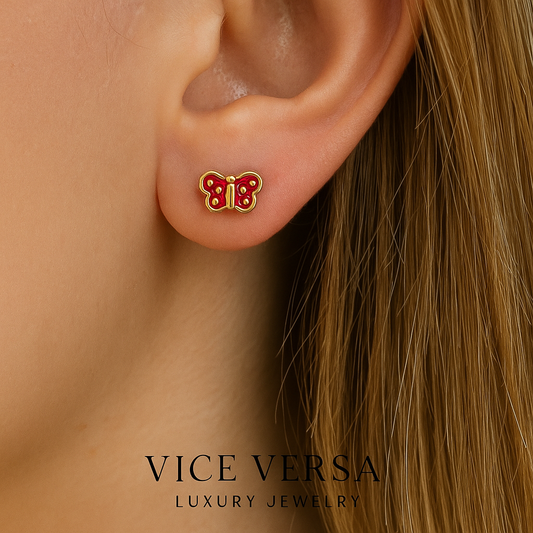 Red Enamel Butterfly Stud Earrings Gold Plated 24K