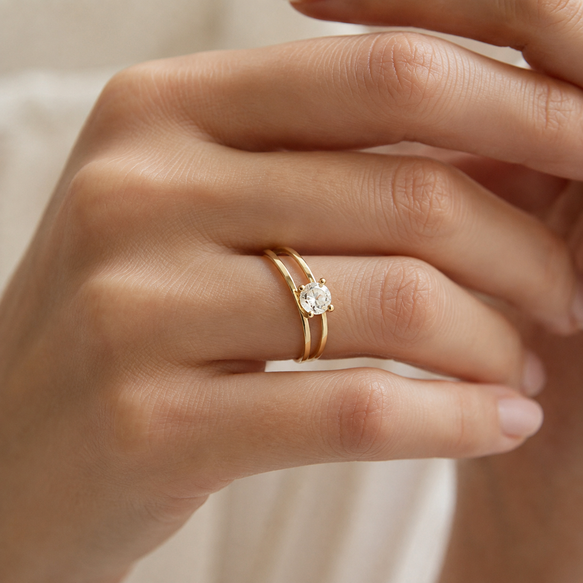 Single Zircon Solitaire Engagement Ring Gold Plated 24K