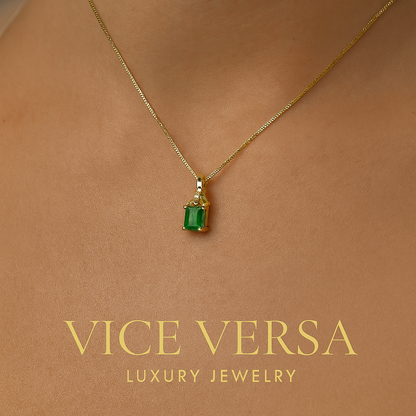 Square Colombian Emerald & Diamond Pendant Necklace Solid Gold 18K Italian