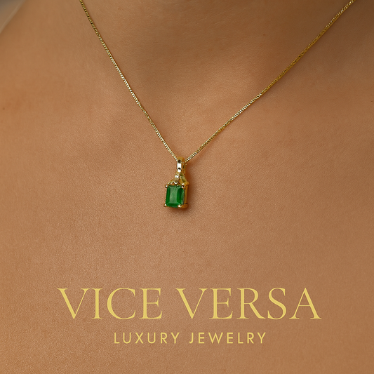 Square Colombian Emerald & Diamond Pendant Necklace Solid Gold 18K Italian