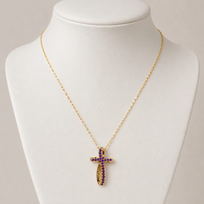 Purple Zircon Cross Pendant Necklace Gold Plated 24K