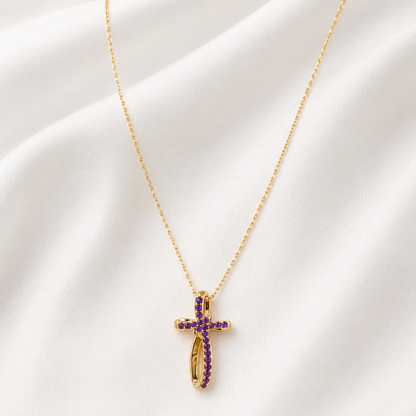 Purple Zircon Cross Pendant Necklace Gold Plated 24K