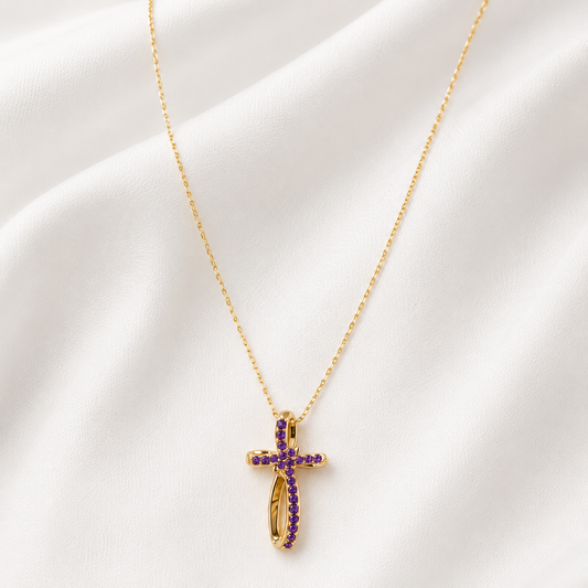 Purple Zircon Cross Pendant Necklace Gold Plated 24K