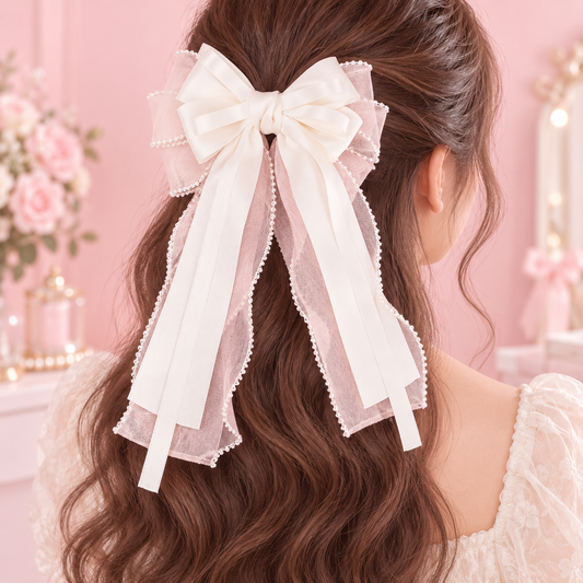 Beaded Bow Hair Clip - Apricot