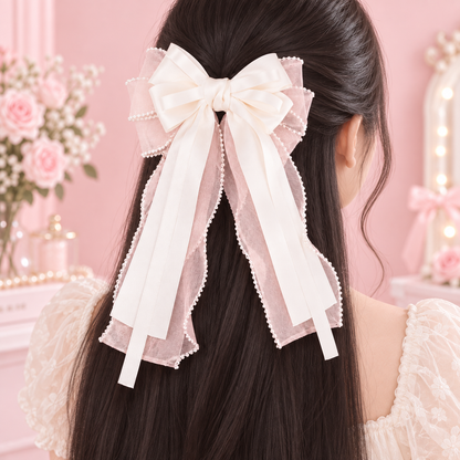 Beaded Bow Hair Clip - Apricot