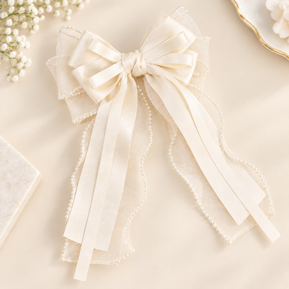 Beaded Bow Hair Clip - Apricot