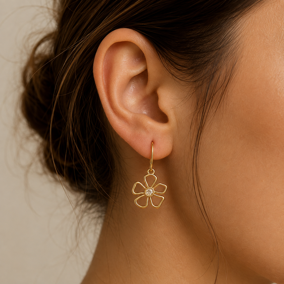 Gold Flower Charm Dangle Earrings Gold Plated 24K